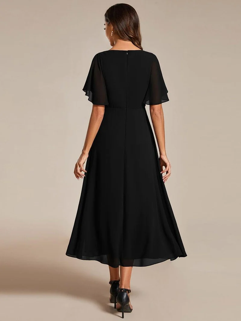 ever DAHLIA|Robe d'invité de mariage mi-longue en mousseline à col en V avec appliques à la taille