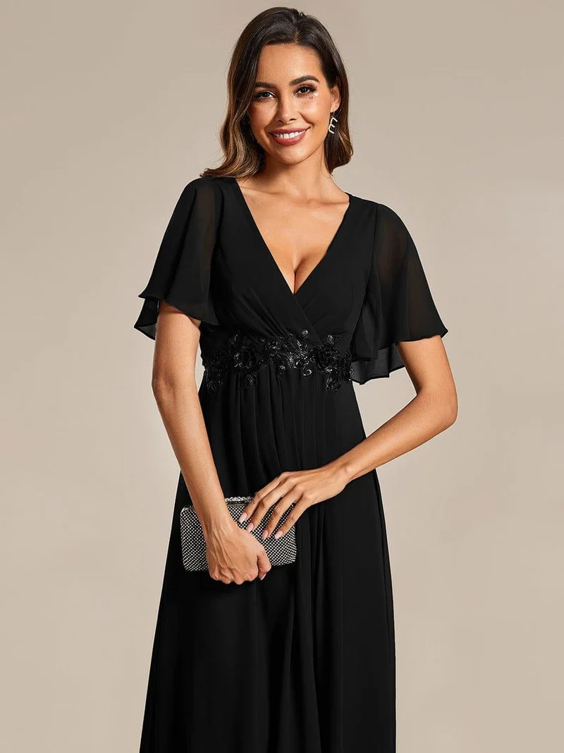 ever DAHLIA|Robe d'invité de mariage mi-longue en mousseline à col en V avec appliques à la taille