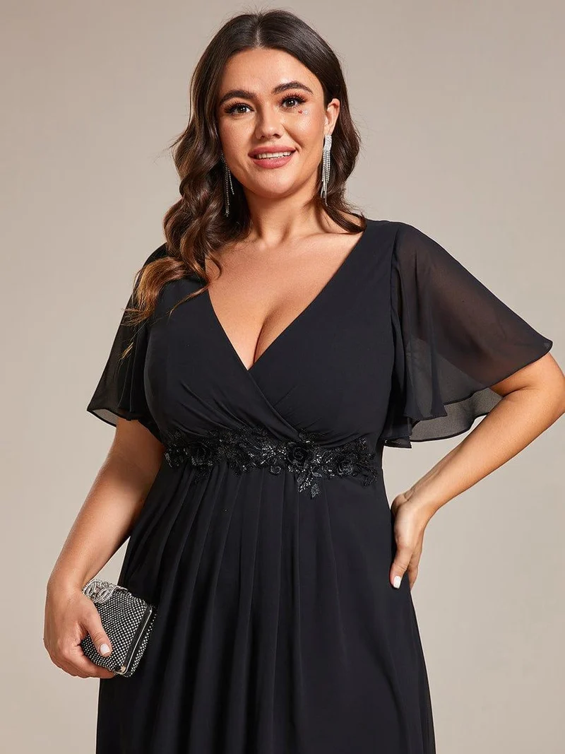 ever DAHLIA|Robe d'invité de mariage mi-longue en mousseline à col en V avec appliques à la taille