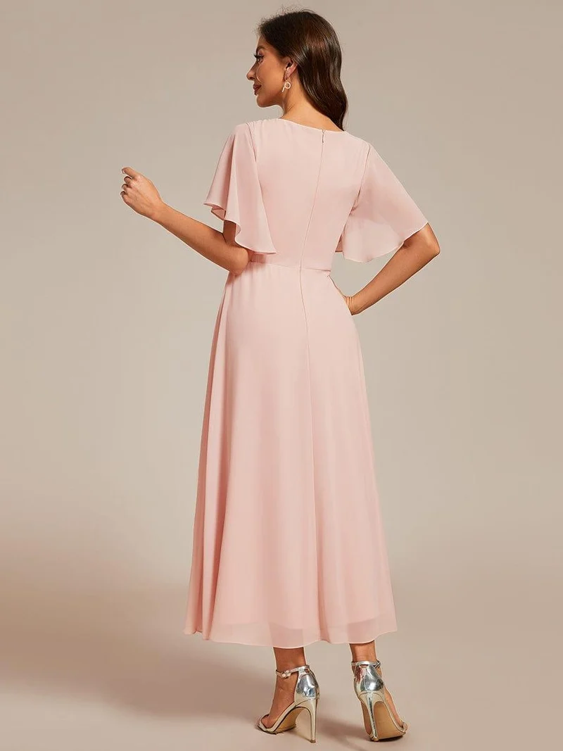 ever DAHLIA|Robe d'invité de mariage mi-longue en mousseline à col en V avec appliques à la taille