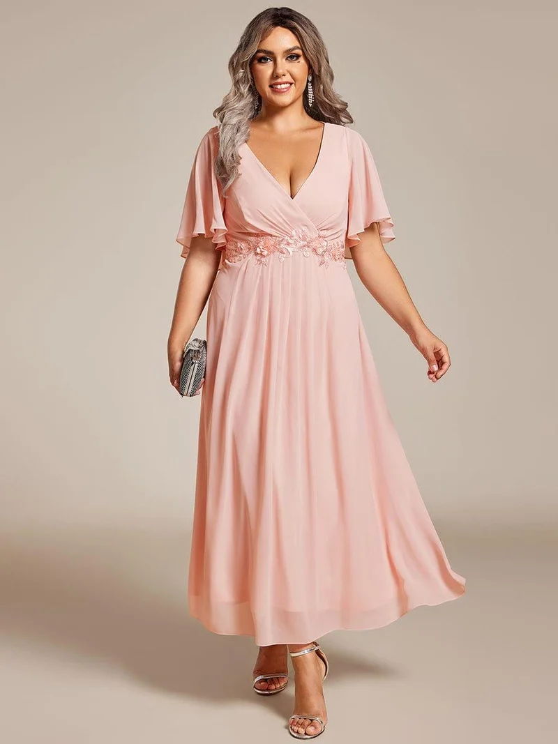 ever DAHLIA|Robe d'invité de mariage mi-longue en mousseline à col en V avec appliques à la taille