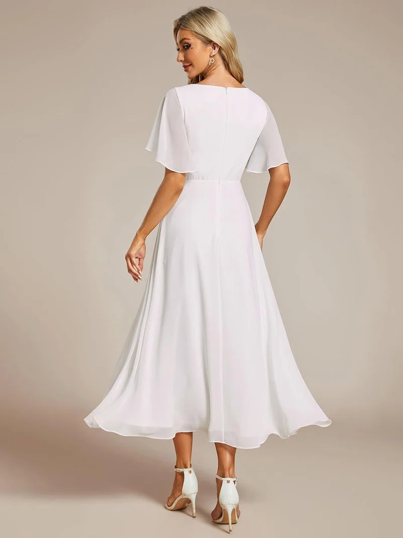 ever DAHLIA|Robe d'invité de mariage mi-longue en mousseline à col en V avec appliques à la taille