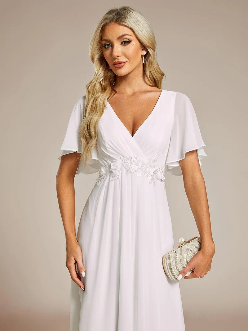ever DAHLIA|Robe d'invité de mariage mi-longue en mousseline à col en V avec appliques à la taille