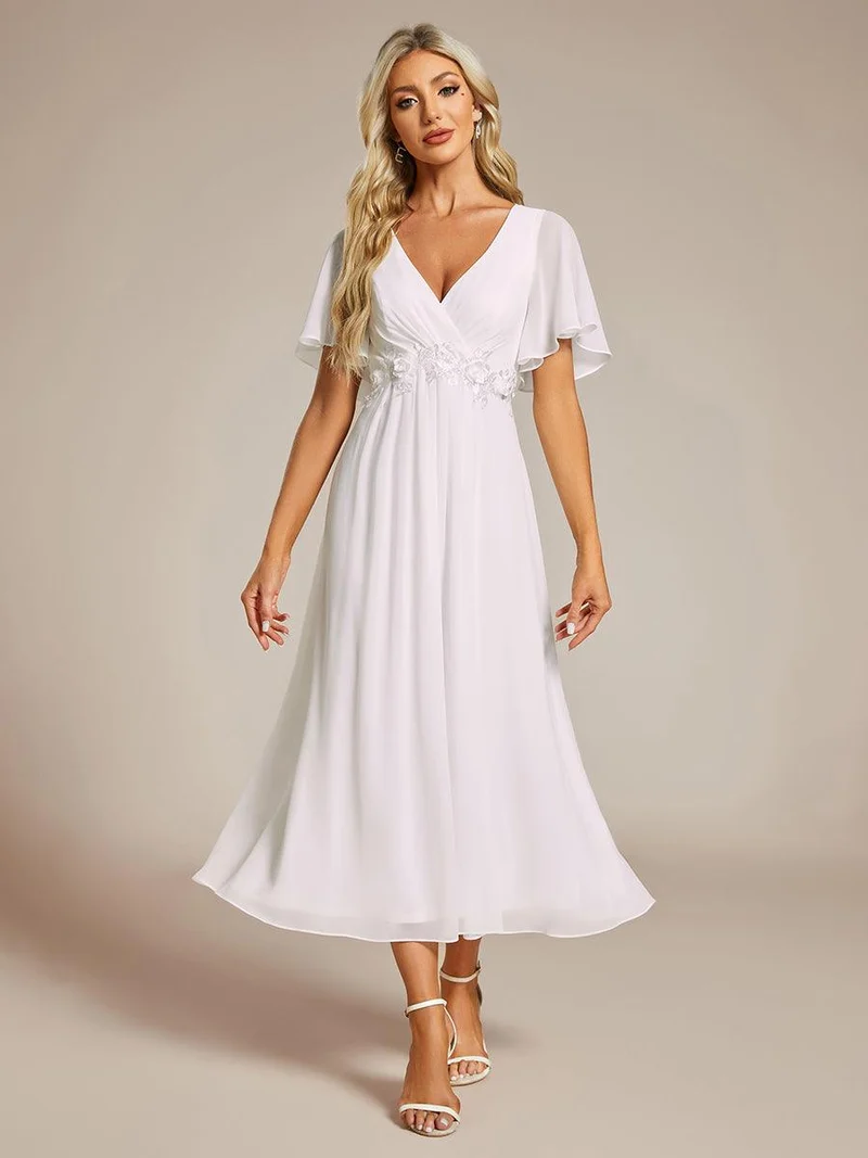 ever DAHLIA|Robe d'invité de mariage mi-longue en mousseline à col en V avec appliques à la taille