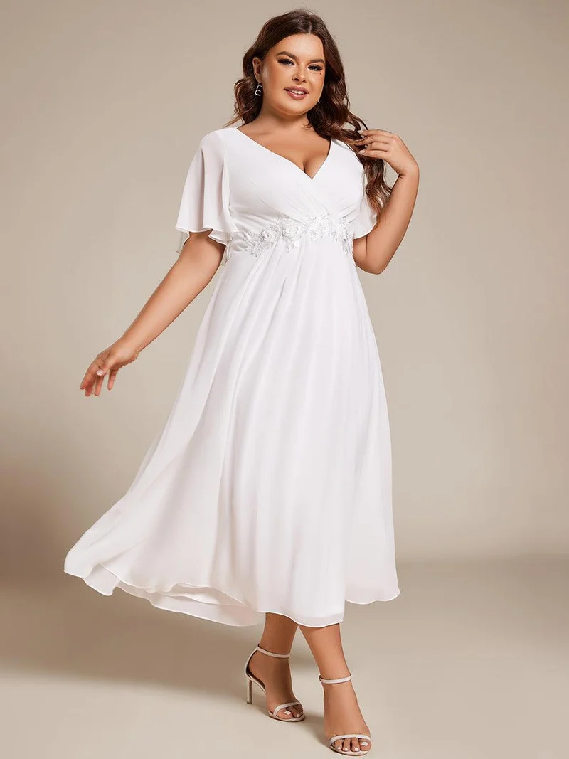 ever DAHLIA|Robe d'invité de mariage mi-longue en mousseline à col en V avec appliques à la taille
