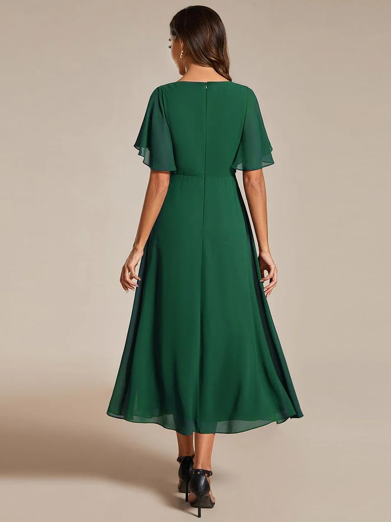 ever DAHLIA|Robe d'invité de mariage mi-longue en mousseline à col en V avec appliques à la taille