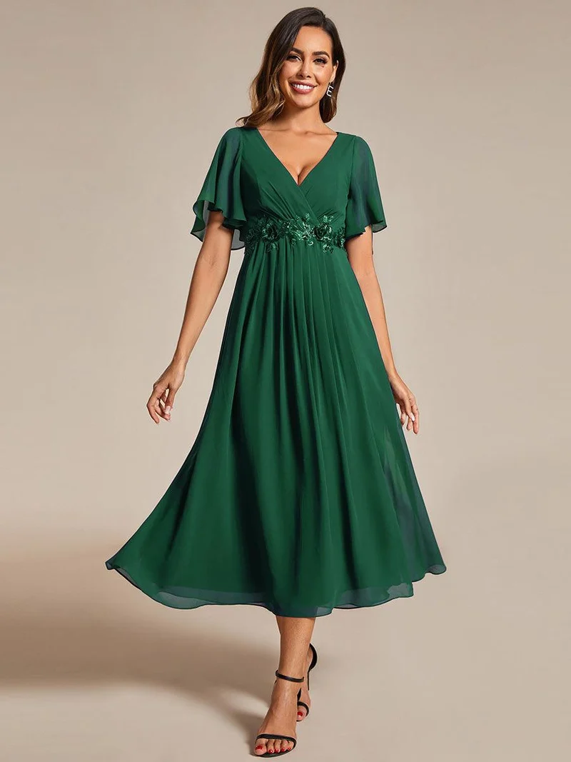 ever DAHLIA|Robe d'invité de mariage mi-longue en mousseline à col en V avec appliques à la taille