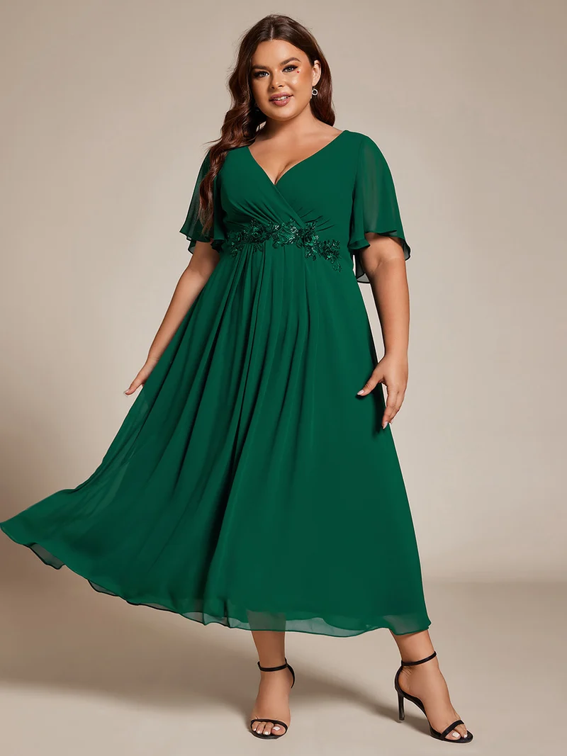 ever DAHLIA|Robe d'invité de mariage mi-longue en mousseline à col en V avec appliques à la taille