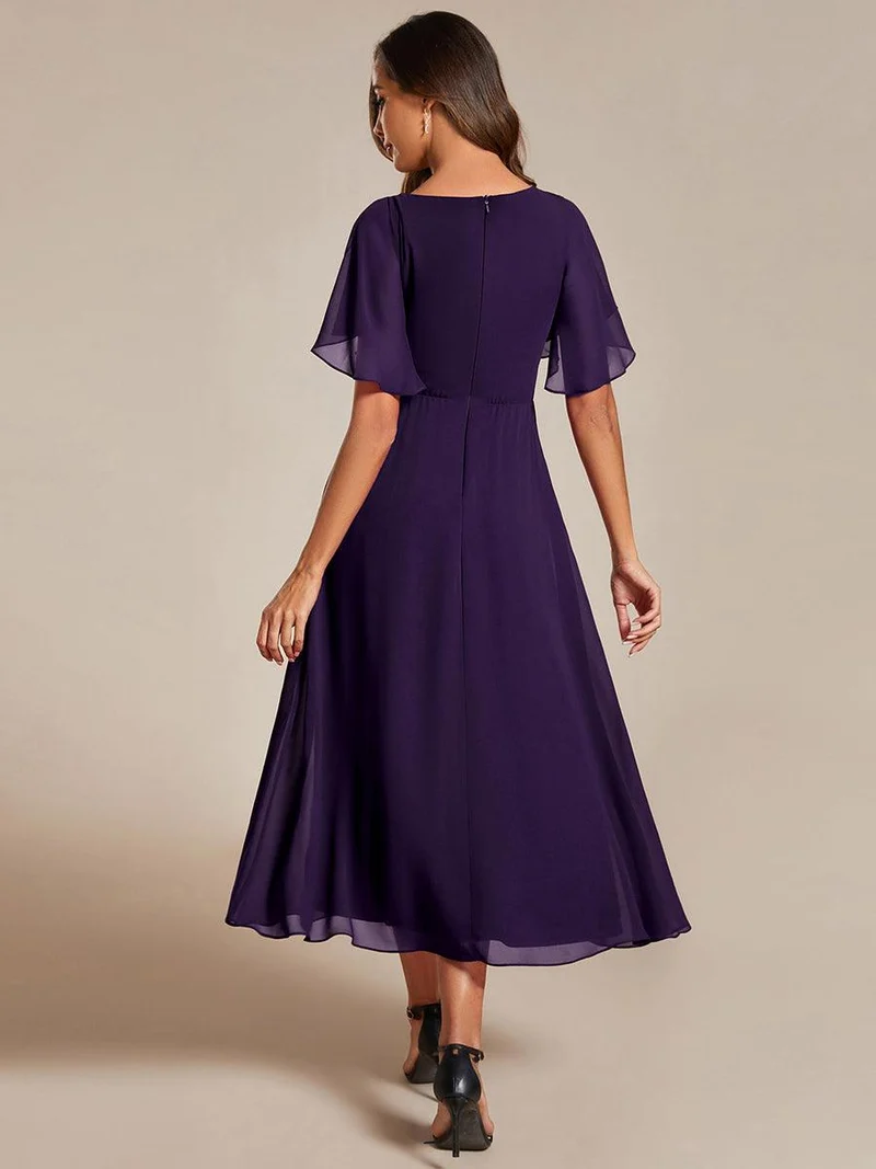 ever DAHLIA|Robe d'invité de mariage mi-longue en mousseline à col en V avec appliques à la taille
