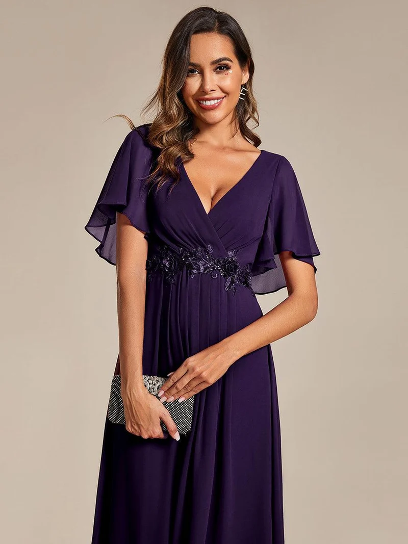 ever DAHLIA|Robe d'invité de mariage mi-longue en mousseline à col en V avec appliques à la taille