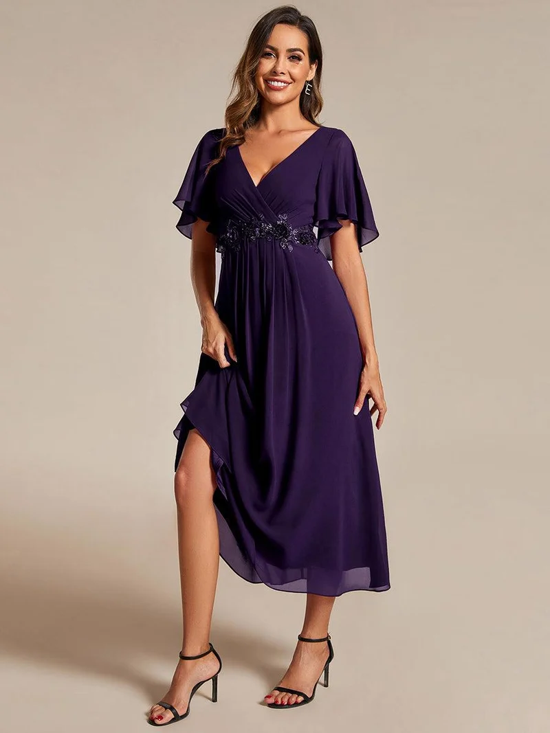 ever DAHLIA|Robe d'invité de mariage mi-longue en mousseline à col en V avec appliques à la taille