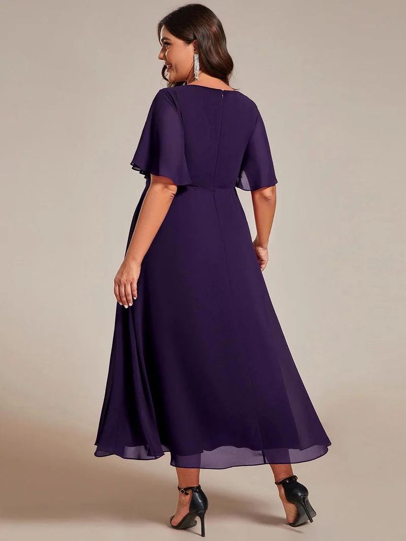 ever DAHLIA|Robe d'invité de mariage mi-longue en mousseline à col en V avec appliques à la taille