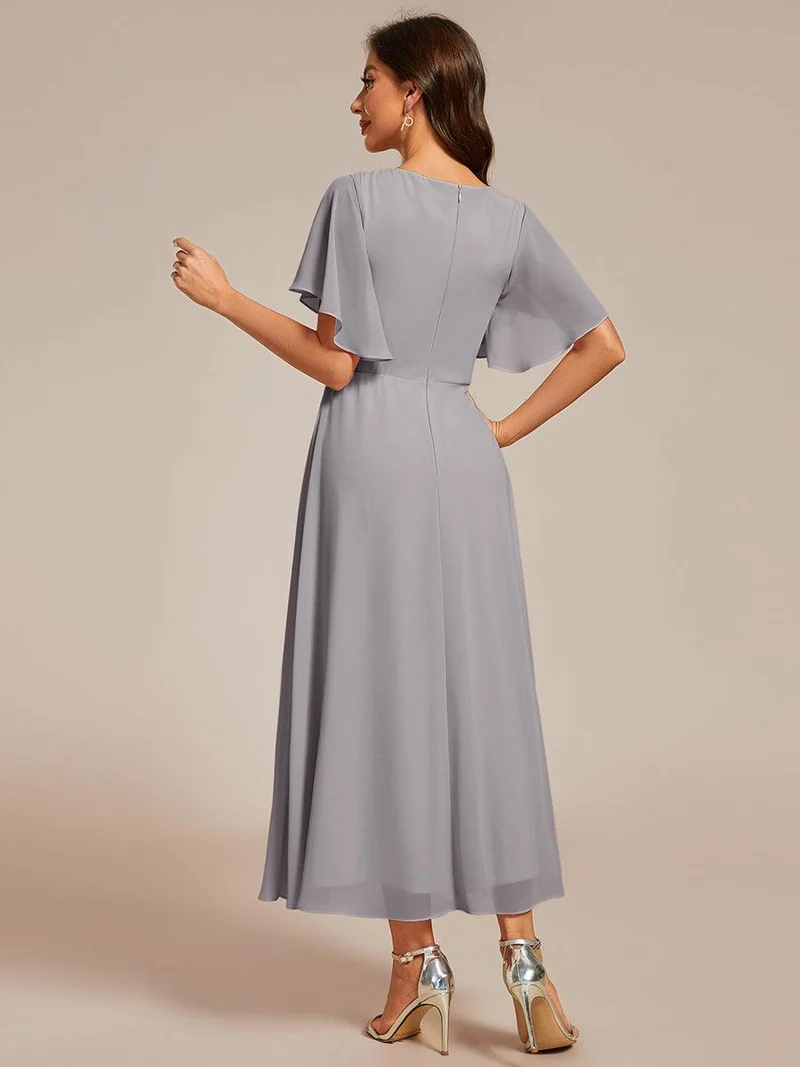 ever DAHLIA|Robe d'invité de mariage mi-longue en mousseline à col en V avec appliques à la taille