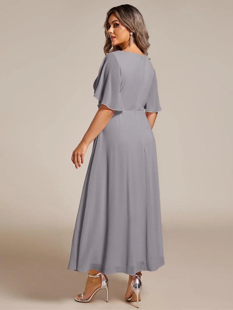 ever DAHLIA|Robe d'invité de mariage mi-longue en mousseline à col en V avec appliques à la taille