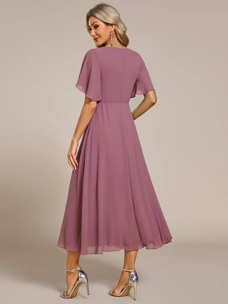 ever DAHLIA|Robe d'invité de mariage mi-longue en mousseline à col en V avec appliques à la taille