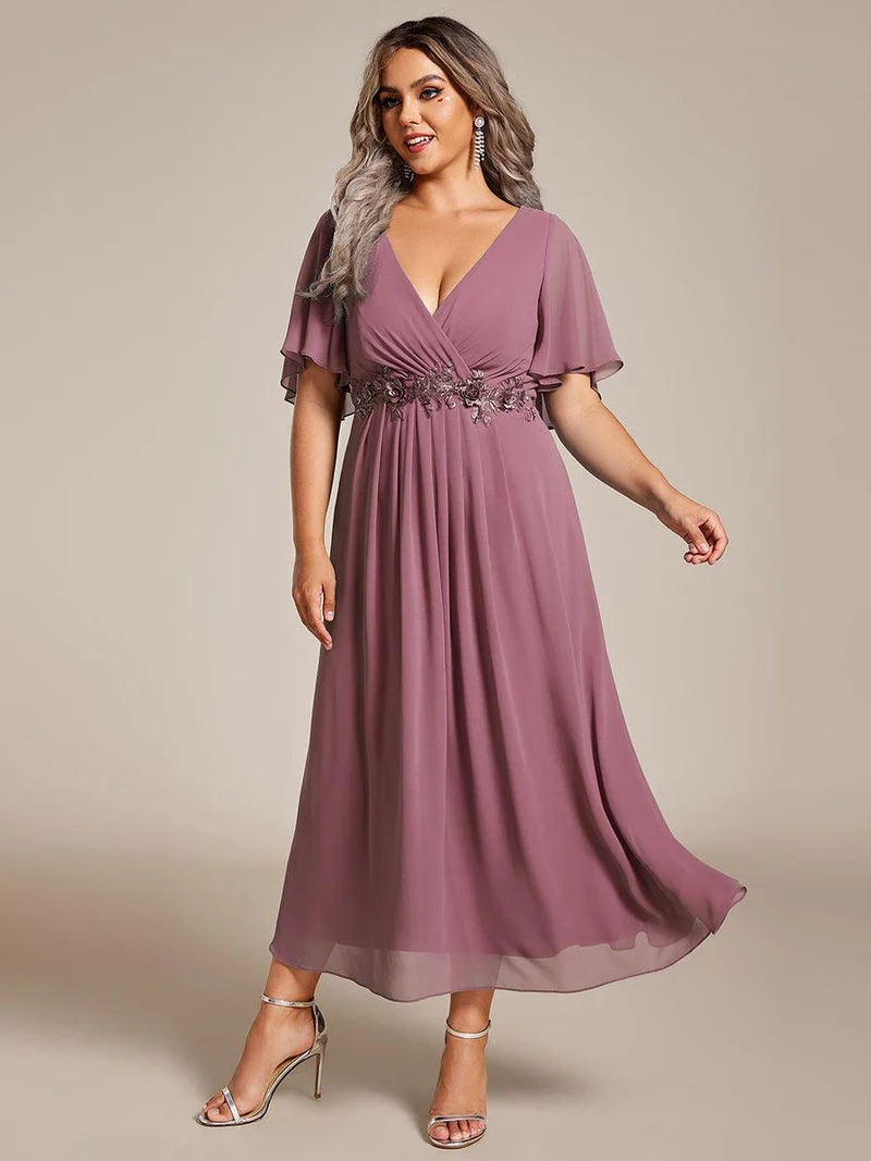 ever DAHLIA|Robe d'invité de mariage mi-longue en mousseline à col en V avec appliques à la taille