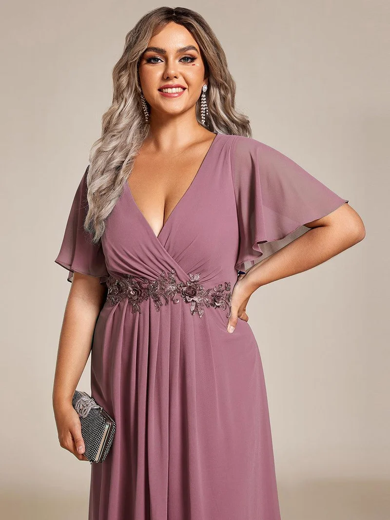 ever DAHLIA|Robe d'invité de mariage mi-longue en mousseline à col en V avec appliques à la taille