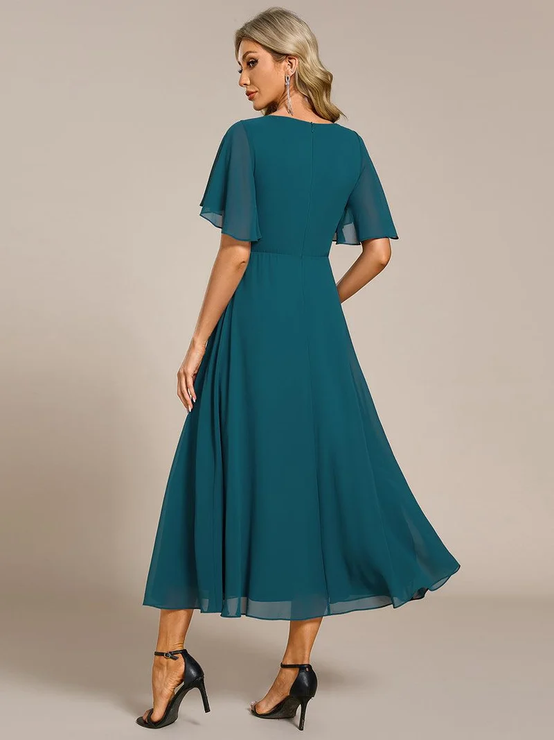 ever DAHLIA|Robe d'invité de mariage mi-longue en mousseline à col en V avec appliques à la taille