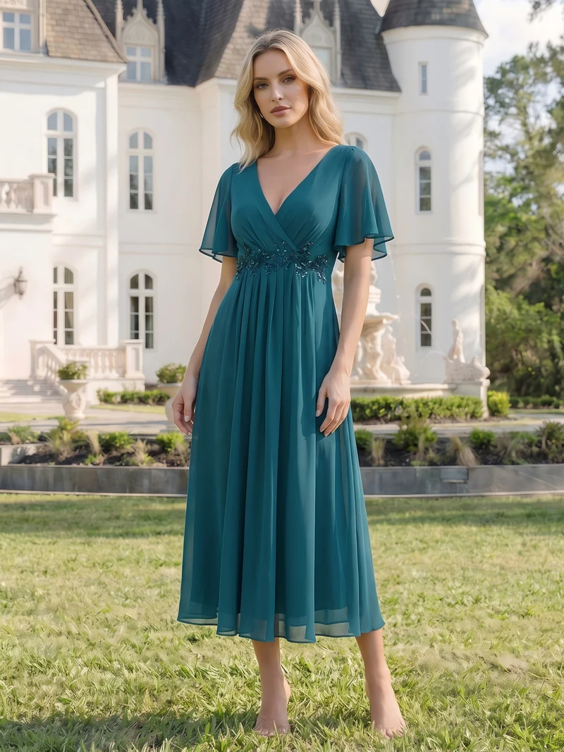 ever DAHLIA|Robe d'invité de mariage mi-longue en mousseline à col en V avec appliques à la taille