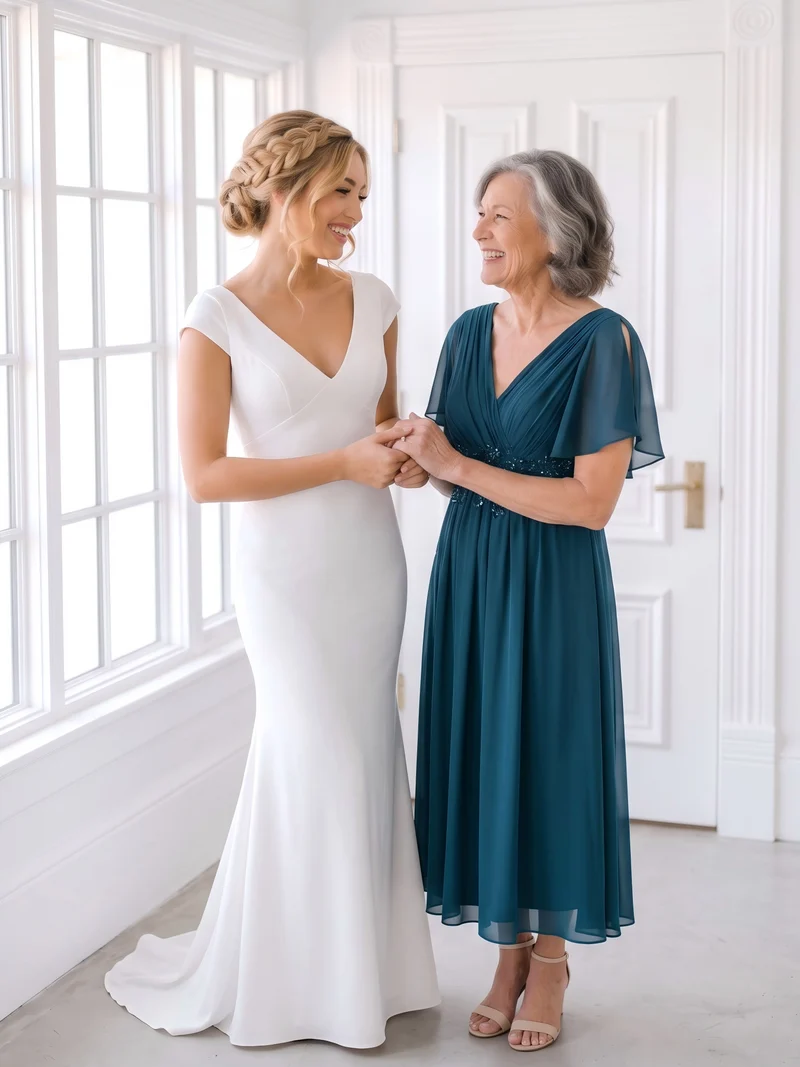 ever DAHLIA|Robe d'invité de mariage mi-longue en mousseline à col en V avec appliques à la taille