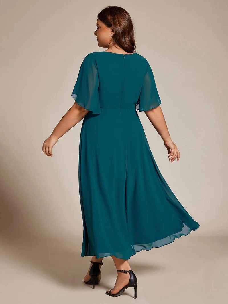 ever DAHLIA|Robe d'invité de mariage mi-longue en mousseline à col en V avec appliques à la taille