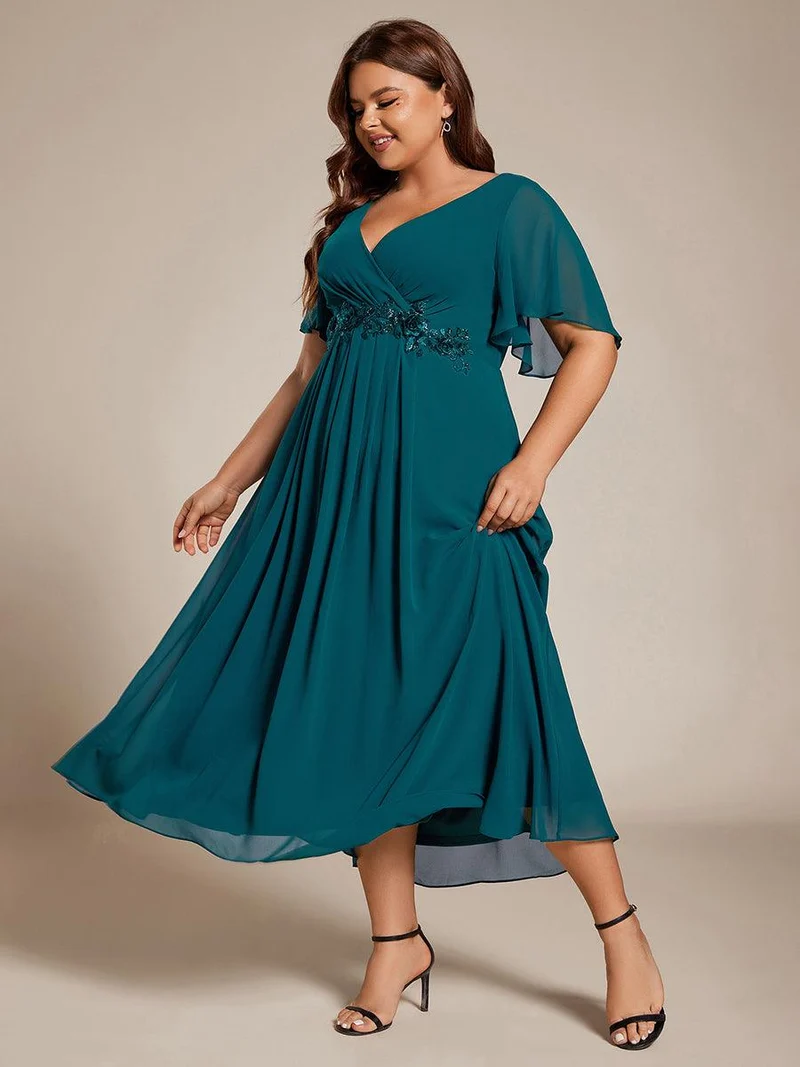 ever DAHLIA|Robe d'invité de mariage mi-longue en mousseline à col en V avec appliques à la taille