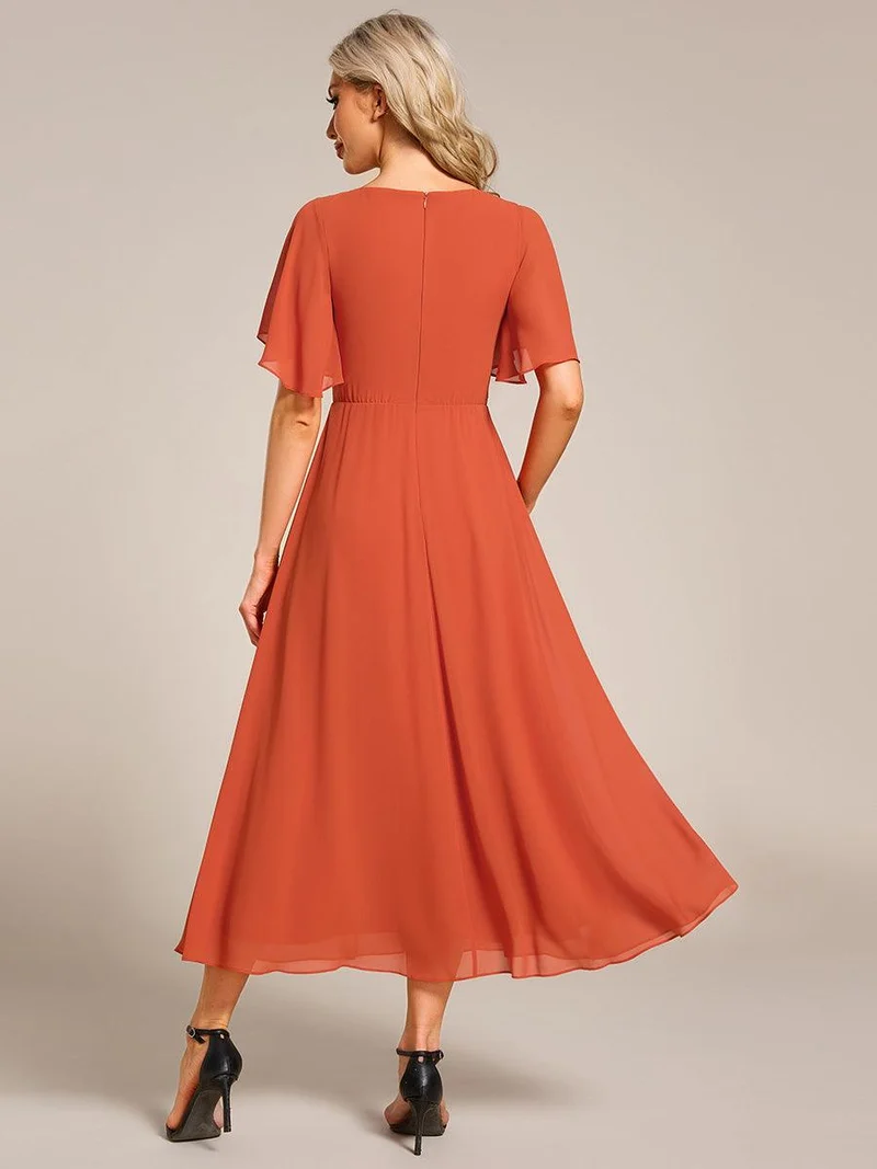 ever DAHLIA|Robe d'invité de mariage mi-longue en mousseline à col en V avec appliques à la taille