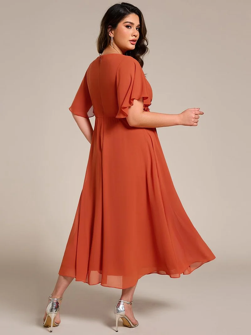 ever DAHLIA|Robe d'invité de mariage mi-longue en mousseline à col en V avec appliques à la taille