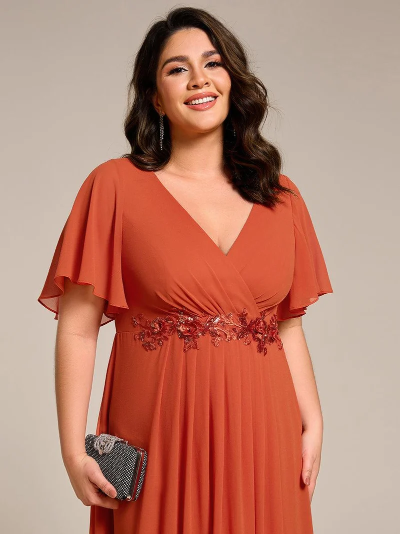 ever DAHLIA|Robe d'invité de mariage mi-longue en mousseline à col en V avec appliques à la taille