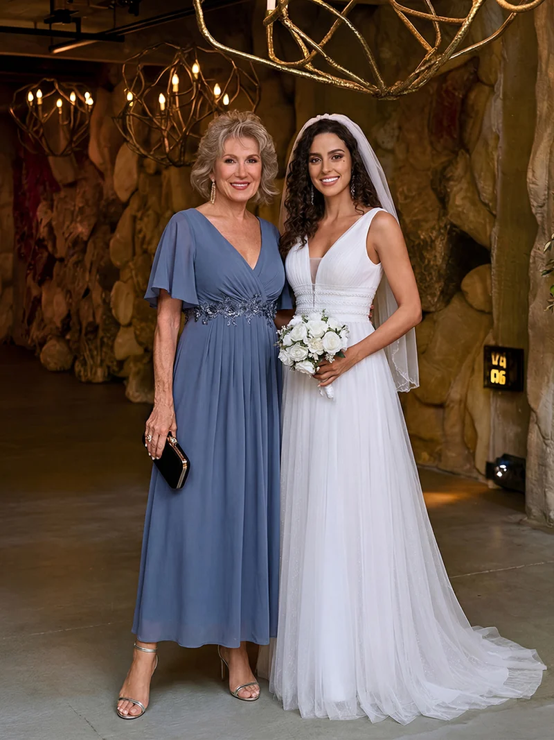 ever DAHLIA|Robe d'invité de mariage mi-longue en mousseline à col en V avec appliques à la taille