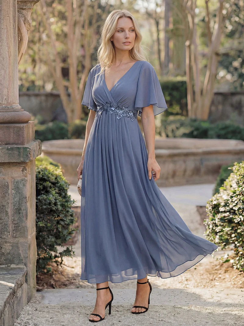 ever DAHLIA|Robe d'invité de mariage mi-longue en mousseline à col en V avec appliques à la taille