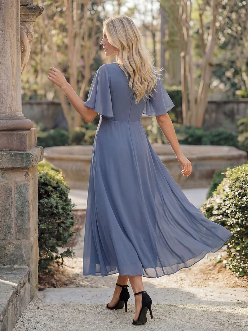 ever DAHLIA|Robe d'invité de mariage mi-longue en mousseline à col en V avec appliques à la taille