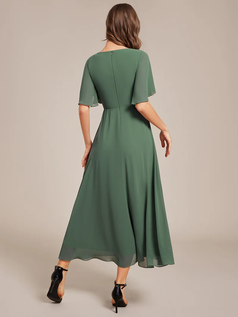 ever DAHLIA|Robe d'invité de mariage mi-longue en mousseline à col en V avec appliques à la taille