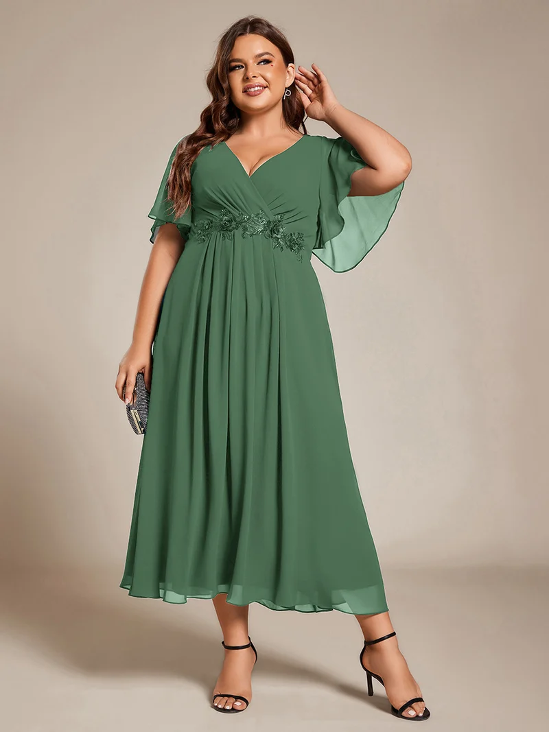 ever DAHLIA|Robe d'invité de mariage mi-longue en mousseline à col en V avec appliques à la taille