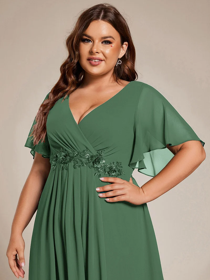 ever DAHLIA|Robe d'invité de mariage mi-longue en mousseline à col en V avec appliques à la taille