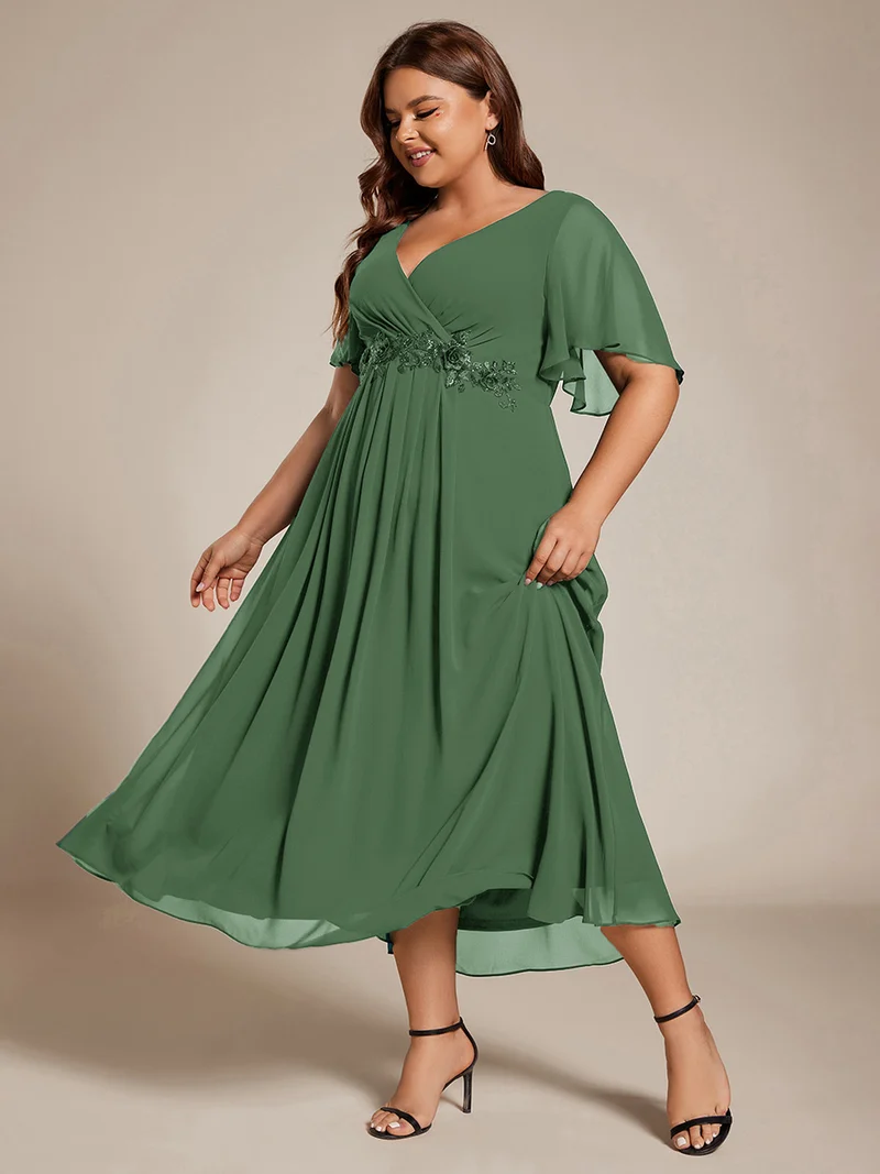 ever DAHLIA|Robe d'invité de mariage mi-longue en mousseline à col en V avec appliques à la taille