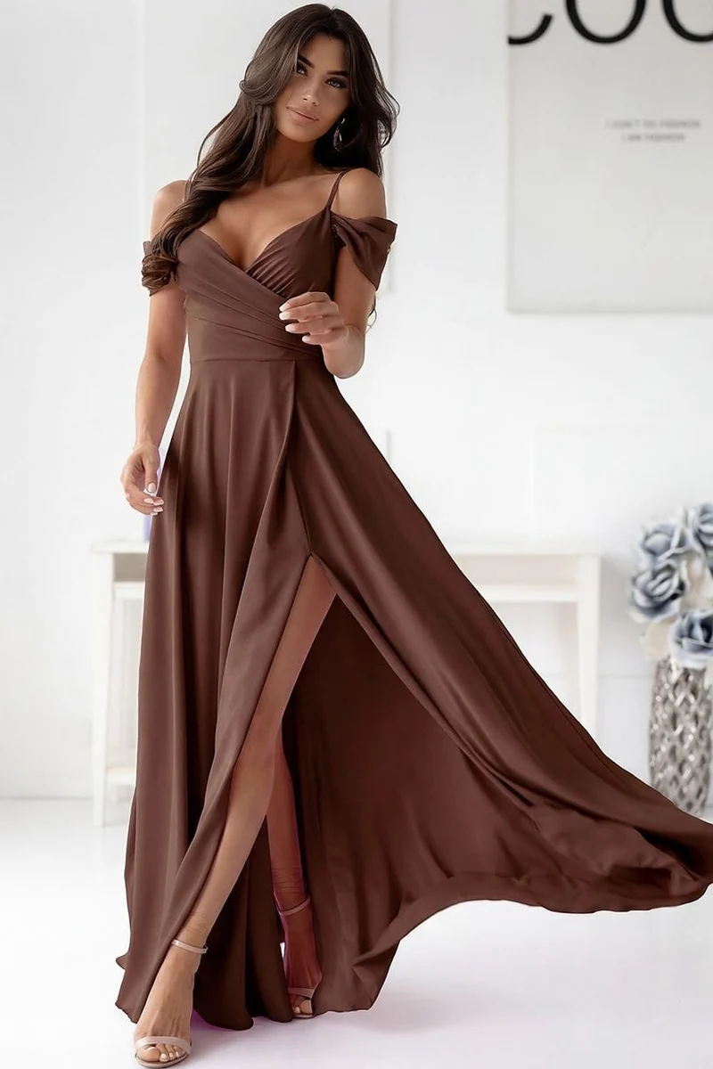 Robe de soirée marron longue fluide