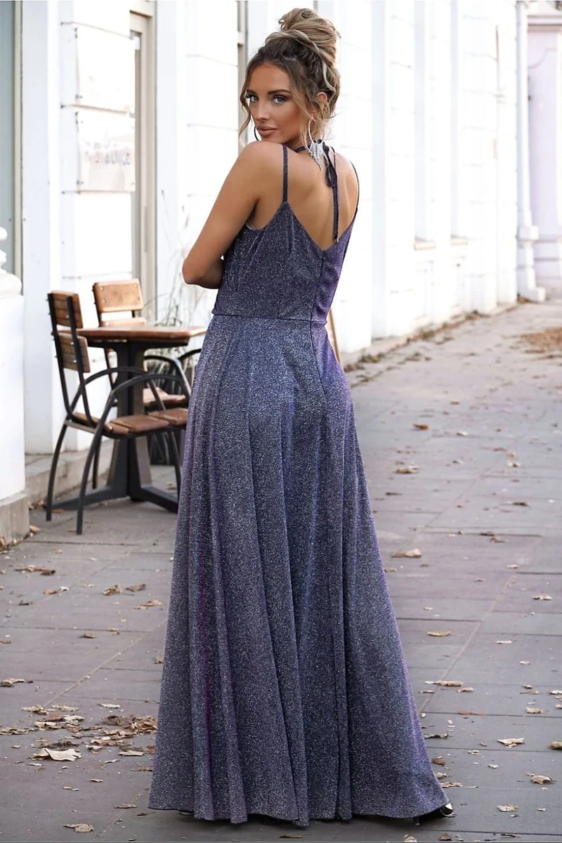 Robe de soirée longue fendue pailletée multicolore