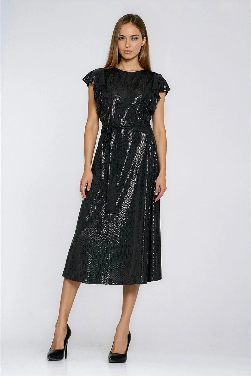 Robe sequin noire midi manches courtes