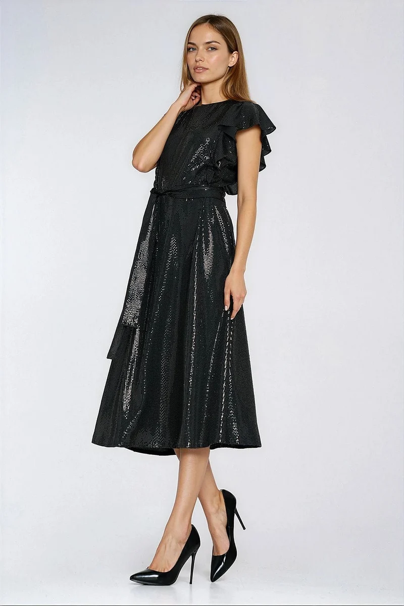 Robe sequin noire midi manches courtes