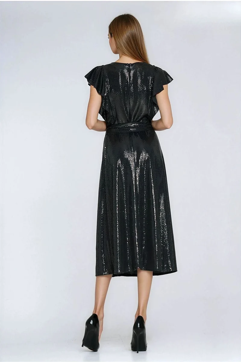 Robe sequin noire midi manches courtes