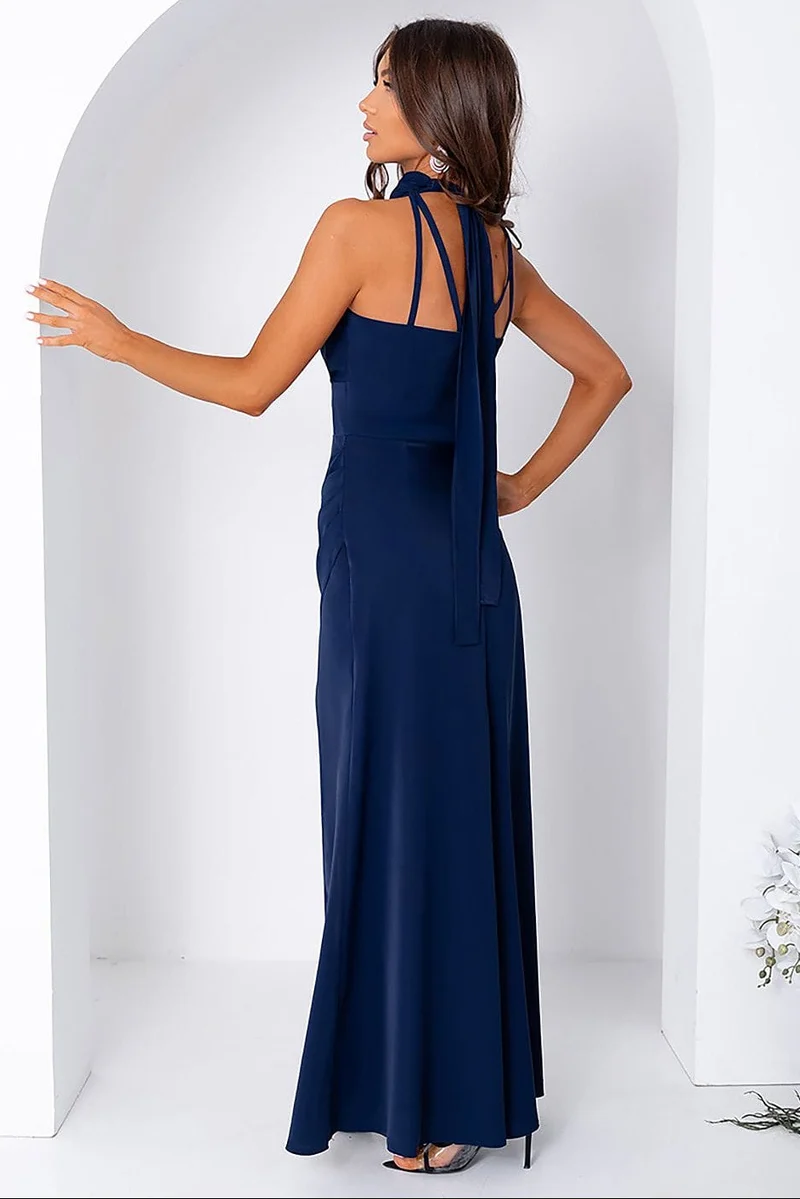 Robe de soirée bleu marine longue fendue élégante