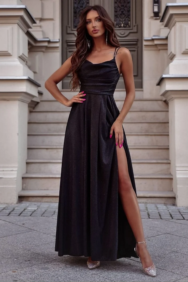 Robe de soirée longue fendue noire scintillante
