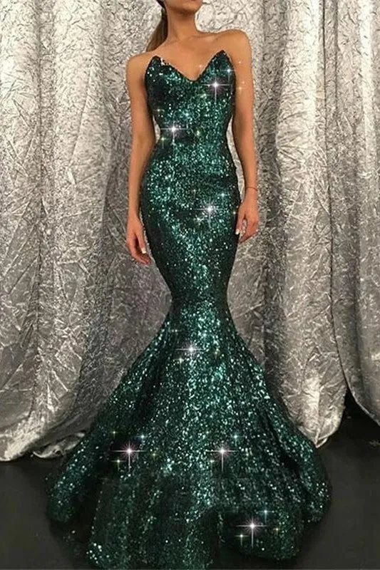 Robe de bal sirène vert foncé scintillante à décolleté en cœur et ornements en paillettes