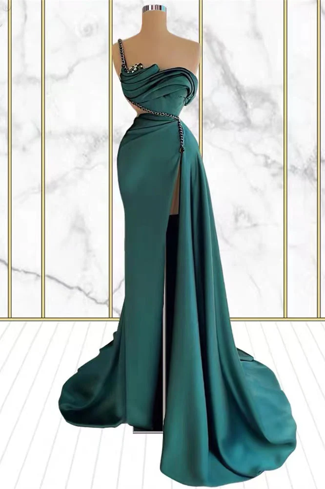 Robe de bal sirène émeraude à une épaule avec strass et fente haute