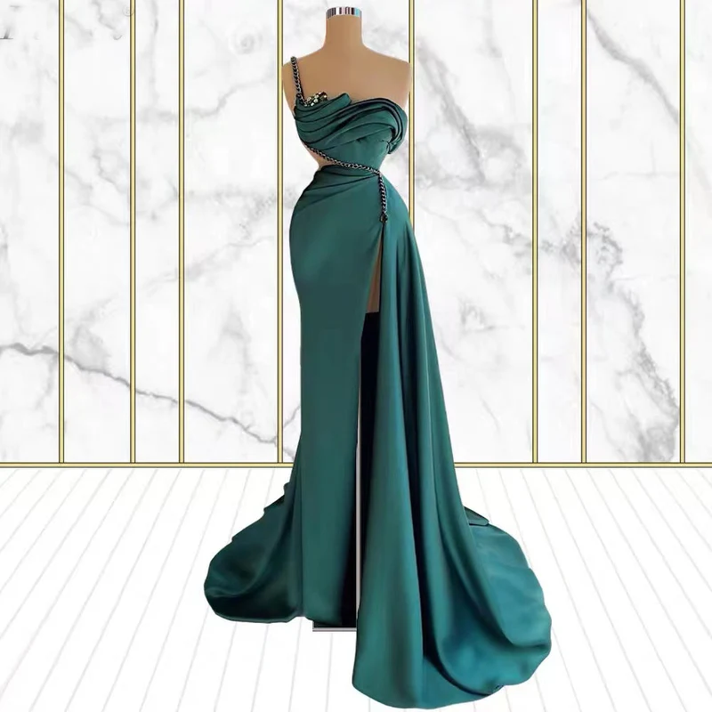 Robe de bal sirène émeraude à une épaule avec strass et fente haute