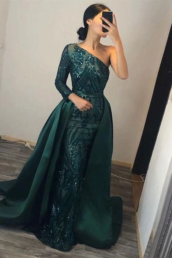 Robe de bal sirène élégante vert foncé à une épaule avec surjupe et paillettes