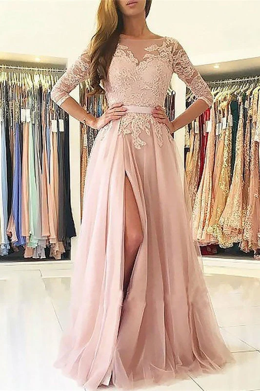Robe de bal rose élégante à manches 3/4 et fente jusqu'aux cuisses