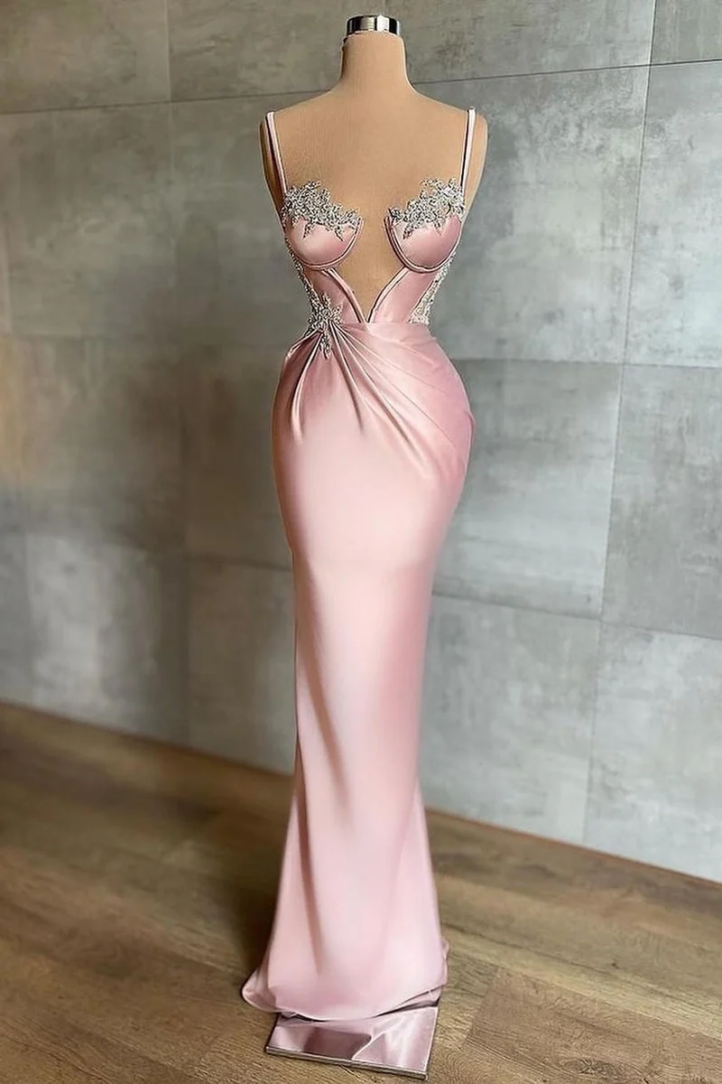 Robe de bal rose élégante à bretelles spaghetti et perles, idéale pour les occasions spéciales