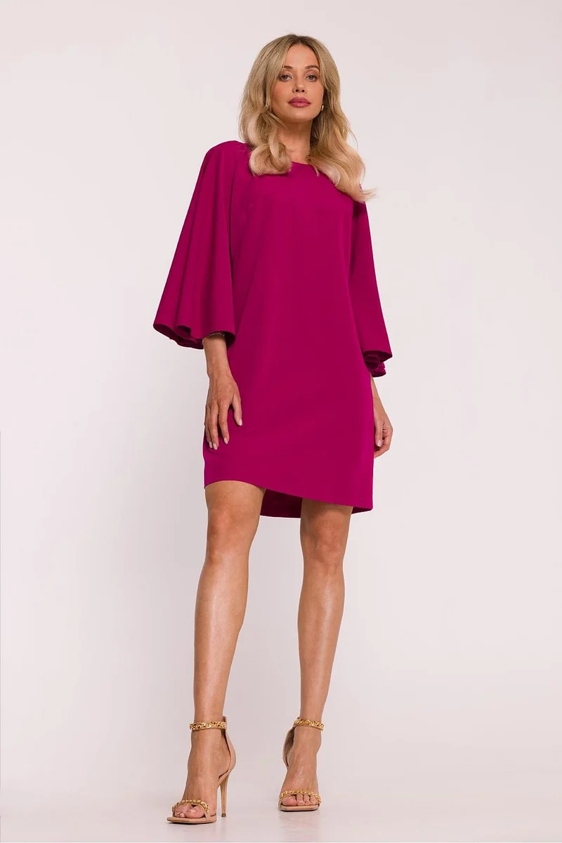 Robe trapèze courte rose manches longues chic